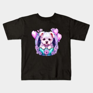 Adorable Small White Dog with Hearts Kids T-Shirt